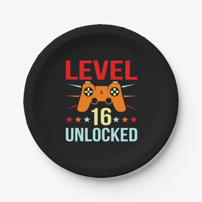 Birthday Gift | Level 16 Unlocked Gamer Paper Plate (Front)