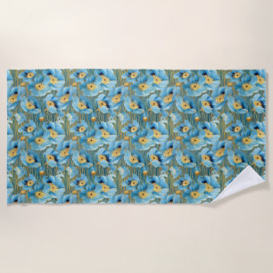 Birthday Gift Seamless Blue and Gold Floral Beach Towel