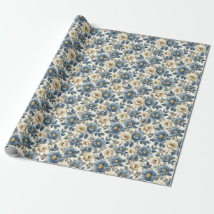 Birthday Gift Seamless Blue and White Floral Wrapping Paper