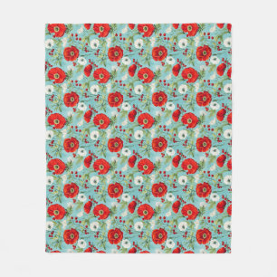 Birthday Gift Seamless Red and White Poppy Fleece Blanket