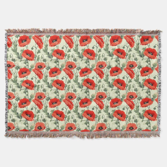 Birthday Gift | Seamless Red Poppy Throw Blanket (Front)