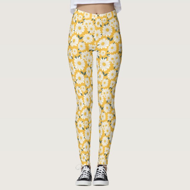 Birthday Gift | Seamless White Daisy Leggings (Front)