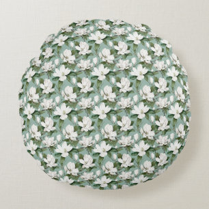 Birthday Gift Seamless White Magnolia Flower Round Cushion