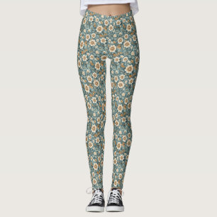 Birthday Gift Teal and Beige Floral Pattern Leggings