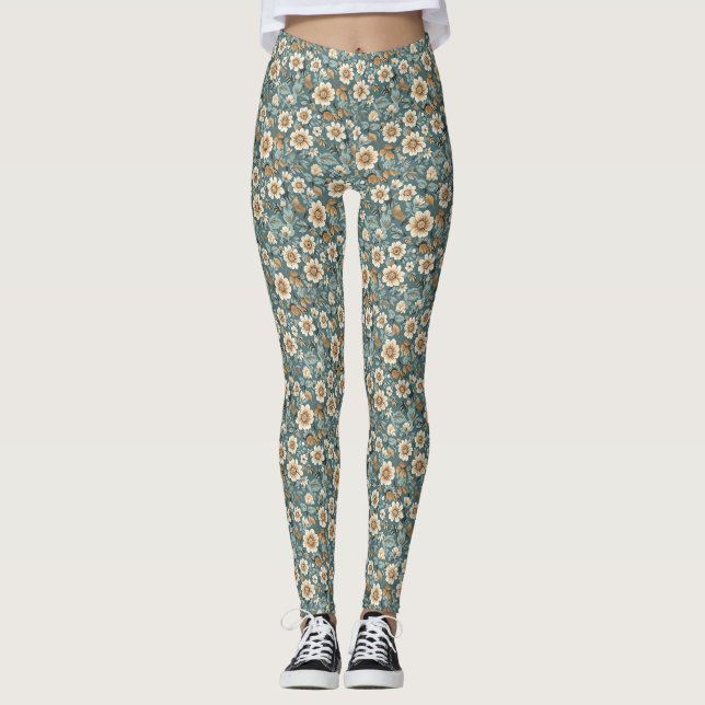 Birthday Gift | Teal and Beige Floral Pattern Leggings (Front)