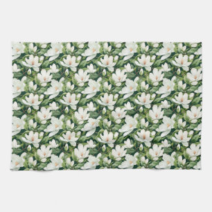 Birthday Gift White Magnolia Flowers Seamless Tea Towel