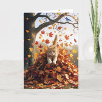 Birthday Ginger Cat In an Autumn Leaf Pile