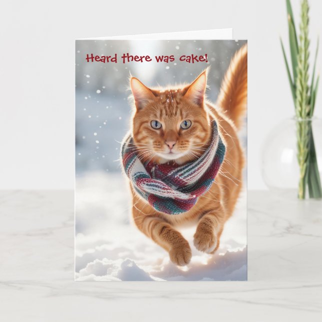 Birthday Ginger Cat On Snow Holiday Card (Front)