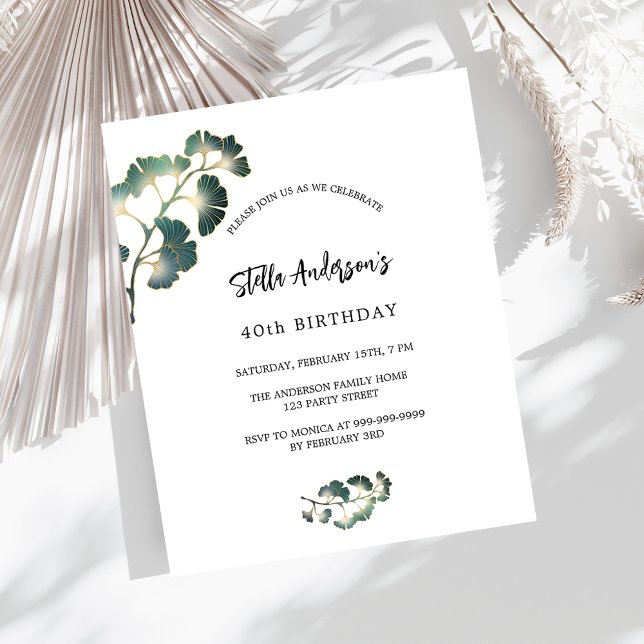 Birthday ginkgo greenery white script invitation (Creator Uploaded)