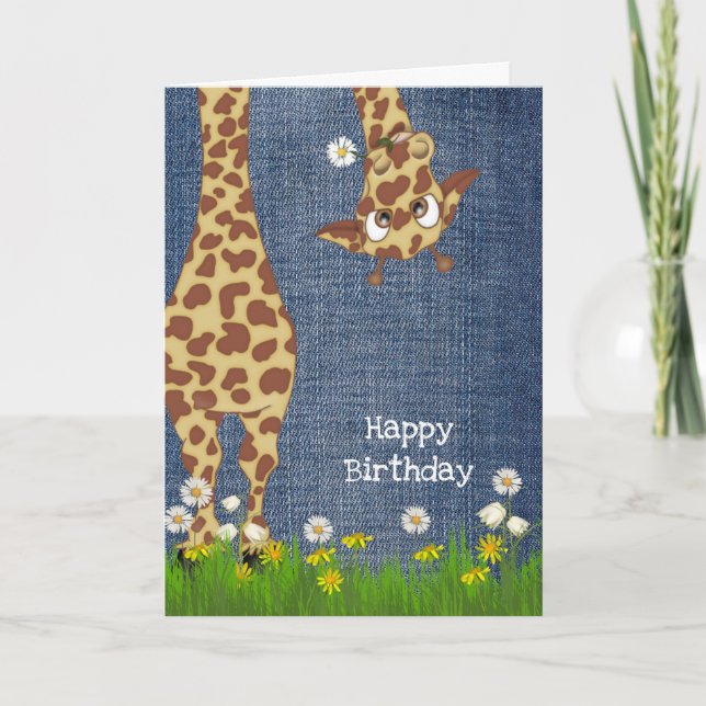 birthday giraffe on blue denim card (Front)