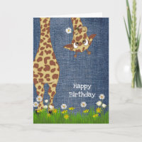 birthday giraffe on blue denim