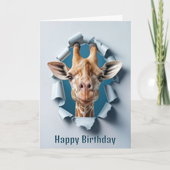 Birthday Giraffe Poking Through a Paper Hole Card (Front)