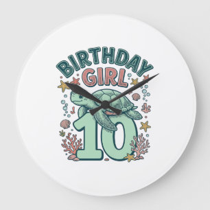 Birthday Girl 10 Sea Turtle Vintage Engraving Desi Large Clock