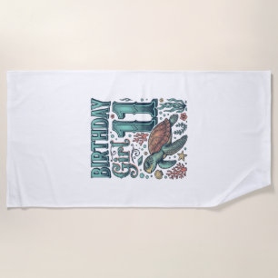 Birthday Girl 11 Sea Turtle Vintage Engraving Desi Beach Towel