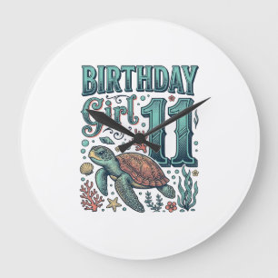 Birthday Girl 11 Sea Turtle Vintage Engraving Desi Large Clock