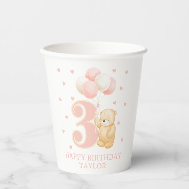 Birthday Girl 3 year Pink Cute Teddy Bear Custom Paper Cups (Front)