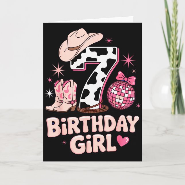 Birthday Girl 7 Cowgirl Party Outfit Fun Disco The Card (Front)
