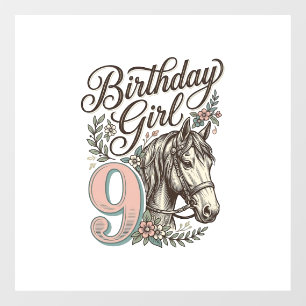 Birthday Girl 9 Horse Floral Vintage Engraving Des