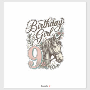 Birthday Girl 9 Horse Floral Vintage Engraving Des