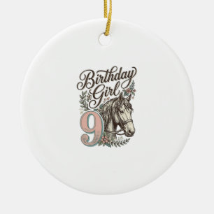 Birthday Girl 9 Horse Floral Vintage Engraving Des Ceramic Tree Decoration