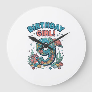 Birthday Girl 9 Ocean Turtle Vector Design_1 Large Clock