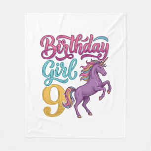 Birthday Girl 9 Unicorn Vintage Engraving Design_1 Fleece Blanket