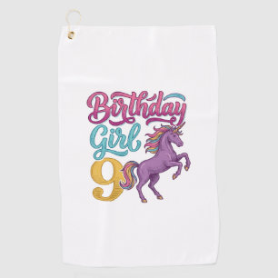 Birthday Girl 9 Unicorn Vintage Engraving Design_1 Golf Towel