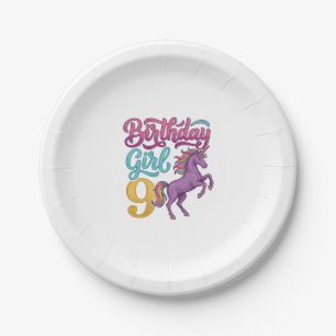 Birthday Girl 9 Unicorn Vintage Engraving Design_1 Paper Plate