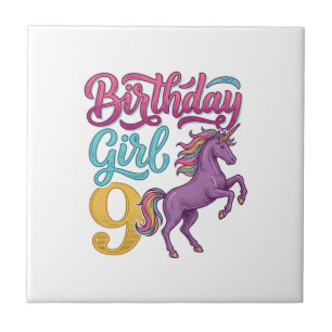 Birthday Girl 9 Unicorn Vintage Engraving Design_1 Tile