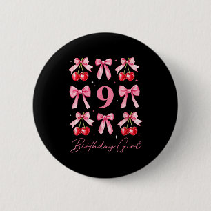 Birthday Girl 9th Birthday Cherry Coquette Bow 9 Y 6 Cm Round Badge
