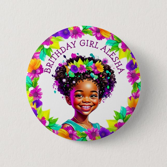 Birthday Girl African-American Girl Personalised 6 Cm Round Badge (Front)