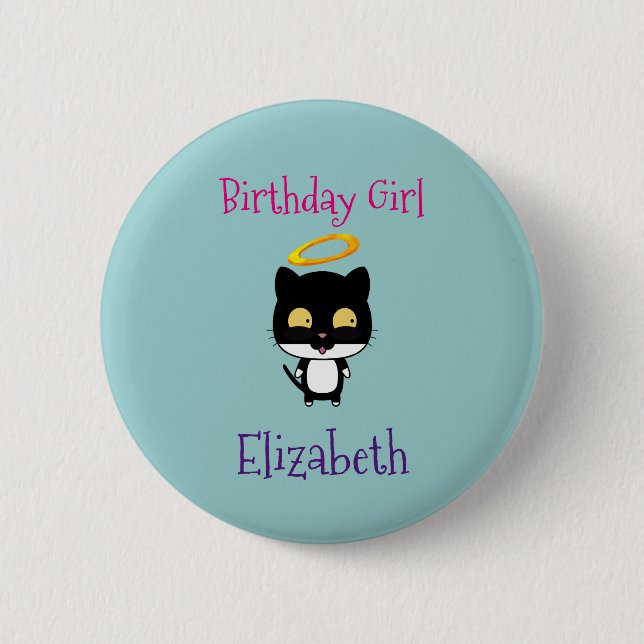 Birthday Girl Angel Halo Kitty Cat Personalised 6 Cm Round Badge (Front)