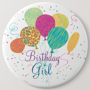 Birthday Girl Animal Pattern Balloons Button