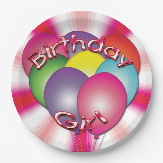Birthday Girl Balloons Pink Party Plates (Front)