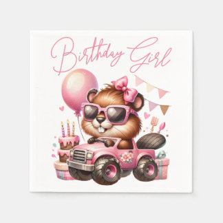 BIRTHDAY GIRL - BEAVER IN A PINK MONSTER TRUCK  NAPKIN