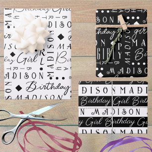 Birthday Girl Black Cute Add A Name Personalized Wrapping Paper Sheet