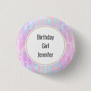 Birthday Girl Blue Rectangle Shapes on Pink 3 Cm Round Badge
