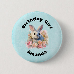 Birthday Girl Bunny with a Garland of Roses Cute 6 Cm Round Badge