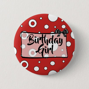 Birthday Girl Button Black, white and Red Bow
