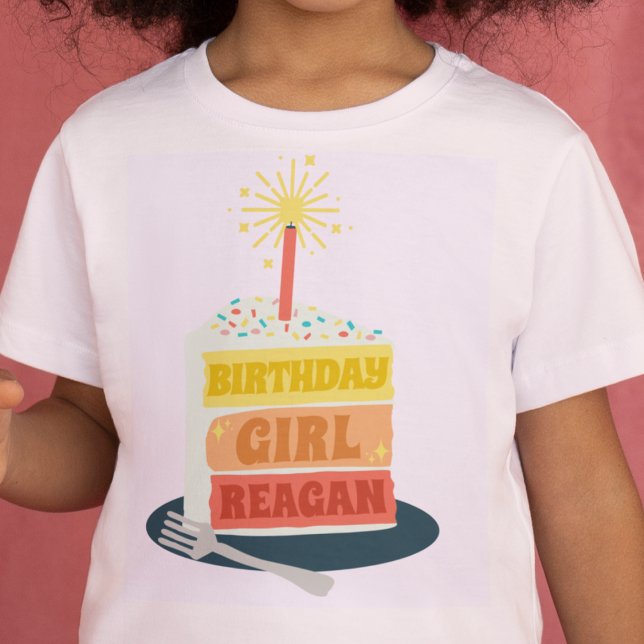 Birthday Girl Cake and Candle Kid's Bday T-Shirt (Girls birthday shirt cake with candle custom name bday shirt birthday party pictures cute modern fun)