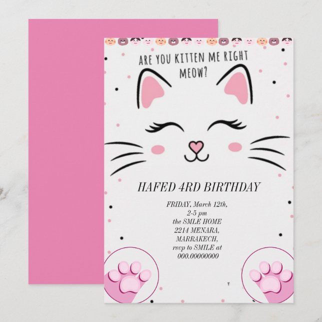 birthday girl cat girls cats kitten cute invitatio invitation (Front/Back)