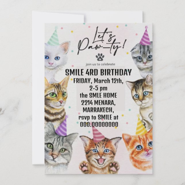 birthday  girl cat girls cats kitten cute invitation (Front)