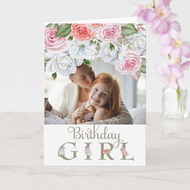 Birthday Girl Custom Photo Watercolor Flowers Card (Orchid)