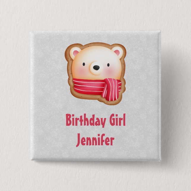 Birthday Girl Cute Bear Face in a Red Scarf 15 Cm Square Badge (Front)