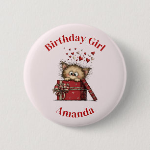 Birthday Girl Cute Cartoon Kitten with Hearts 6 Cm Round Badge