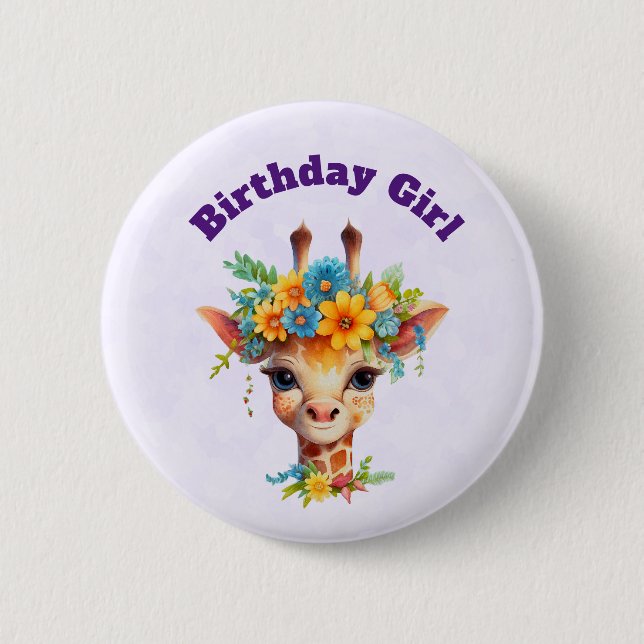 Birthday Girl Cute Giraffe with Floral Crown 6 Cm Round Badge (Front)