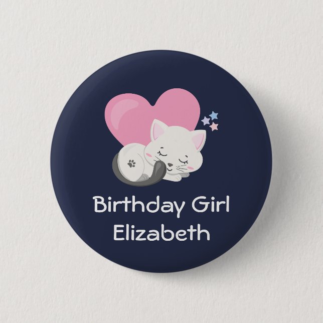 Birthday Girl Cute White Kitty Cat Sleeping 6 Cm Round Badge (Front)