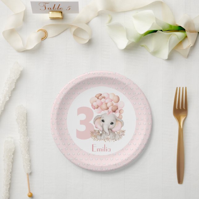 Birthday Girl Elephant Pink Paper Plates (Wedding)