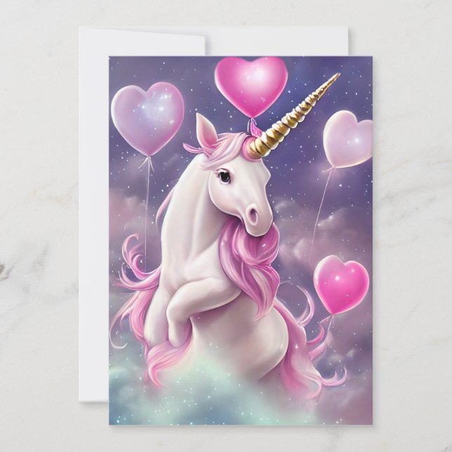 Birthday Girl Fantasy Unicorn with Pink Balloons Holiday Card (Front)