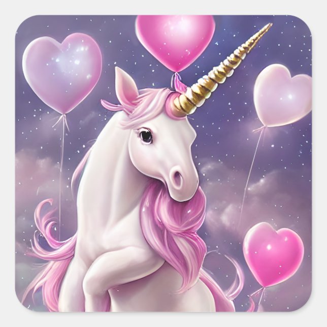 Birthday Girl Fantasy Unicorn with Pink Balloons  Square Sticker (Front)